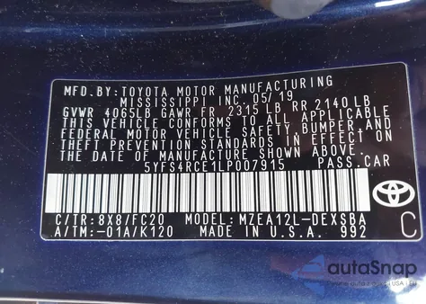 2020 Toyota Corolla Se from USA, damaged, VIN 5YFS4RCE1LP007915